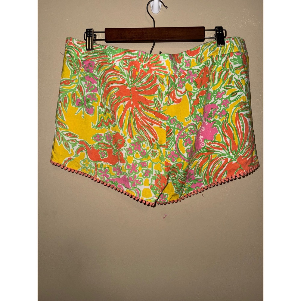 Lilly Pulitzer Women Large Tropical Floral Pom Pom Trim Beach Shorts Yellow Pink - Picture 5 of 6
